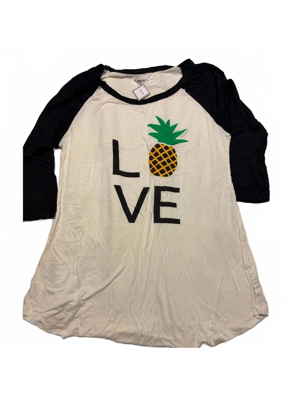 Love Graphic 3/4 Sleeve T-Shirt Black White Casual Statement Tee